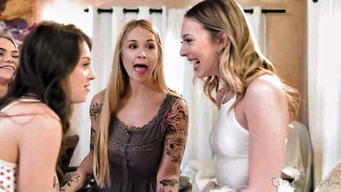 Maddy May and busty Sarah Vandella laugh in kinky slumber party with friends