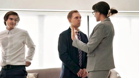 Penny Barber in gray suit confronts suited men in office, Mylf mature swap tease