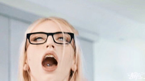 Blonde gamer girl with glasses opens wide for rough POV creampie threesome