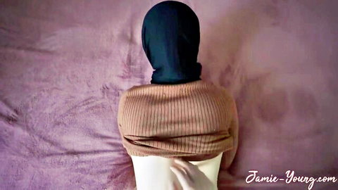 Jamie Young with submissive Arab hijab girl exposing ass from behind in POV