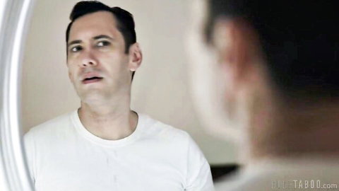 Tommy Pistol intense mirror stare in taboo interracial scene with Avery Black