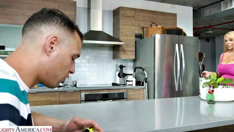 Blonde MILF Karen Fisher in pink top teases Johnny Love in kitchen