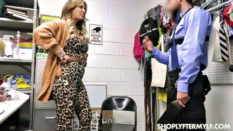 Lolly Dames as busty blonde MILF in leopard jumpsuit confronted by security guard
