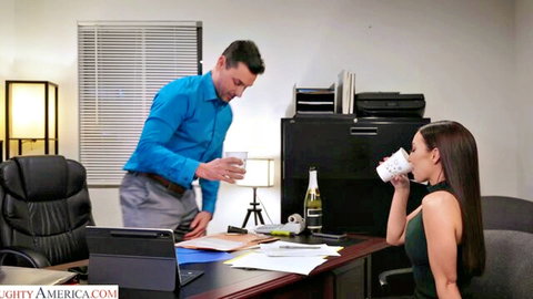 Melissa Stratton in sexy green dress, New Year's Eve office tease with champagne