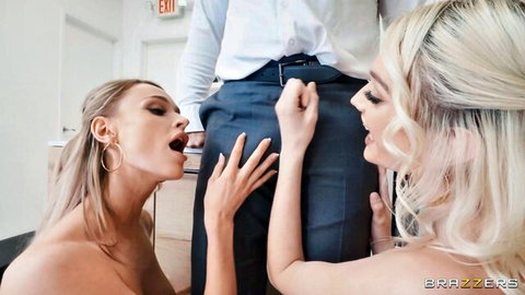 Kenna James and Emma Hix tease Manuel Ferrara's cock in hot threesome blowjob