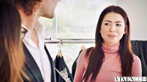 Eva Lovia in tight pink turtleneck with Jean Val Jean in intimate fitting room moment