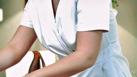 Sexy nurse in tight white uniform showing deep cleavage POV tease