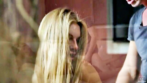 Blonde babe with open mouth roughly grabbed by man in intense bedroom encounter