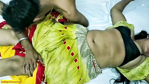 South Asian man gropes babe's bare belly and thighs in hiked green saree kissing her neck in steamy foreplay