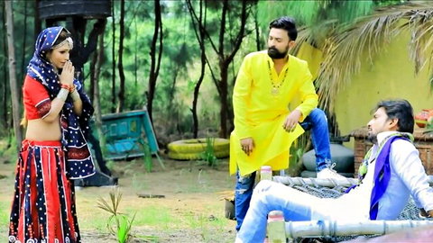 Zoya Rathore in sexy red Desi lehenga with two men in hot Indian scene
