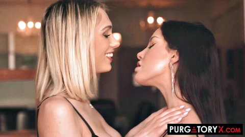 Sky Pierce and brunette in intimate lesbian kiss, A Lady's Touch