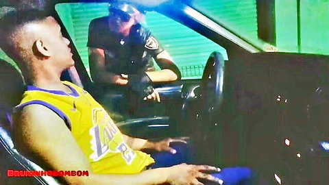 Female police officer in uniform having car sex with fan