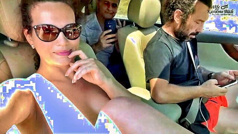 Curvy Latina amateur wife teases cleavage in car sunglasses
