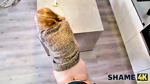 Blonde mature woman bent over kitchen counter with sweater up exposing bare ass getting fucked doggy style