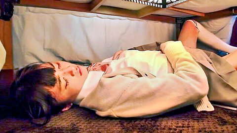 Defenseless Asian schoolgirl in uniform asleep under bed, vulnerable legs spread