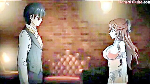 Busty hentai redhead in skimpy black bra flaunts massive tits to suited anime guy