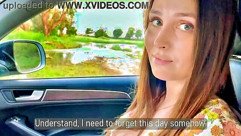 Stepmom in car, floral dress, upset after quarrel, seduces stepson