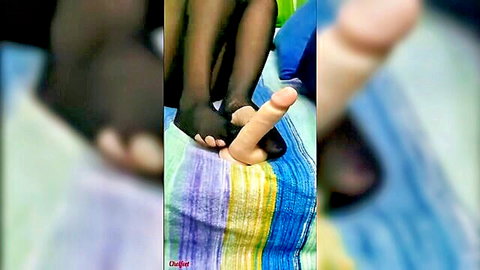 Amateur sockjob foot fetish with black stockings on dildo