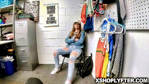 Penelope Kay in denim jacket and ripped jeans, teasing in shoplifter scenario