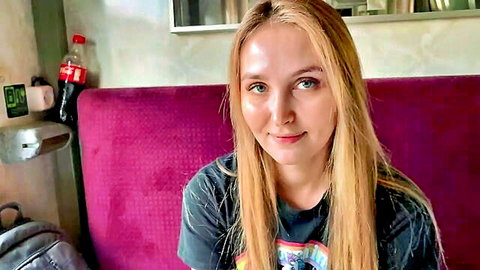 Blonde MILF Alina Rai smiling on train in married stepmom stranger sex video
