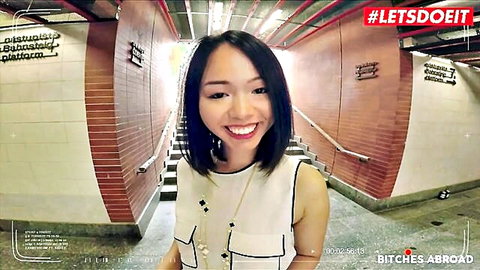 Jureka del Mar smiling in white top as sexy Asian teen tourist in subway