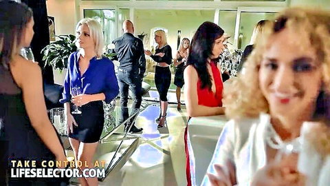 Angelika Grays and elegant women at glamorous party in dresses and heels
