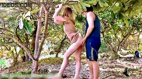 Outdoor bareback creampie with classy blonde girl by the sea in doggy style