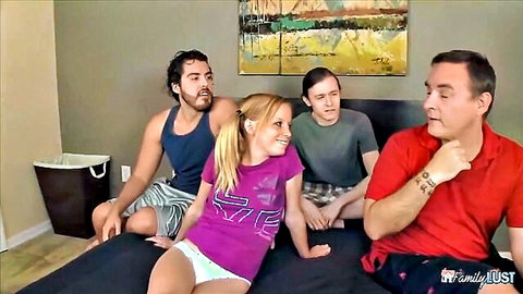 Teen blonde in pink top and panties with three men in Family Lust gangbang