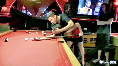 Step-sister seduces bro at pool table with tight hug embrace