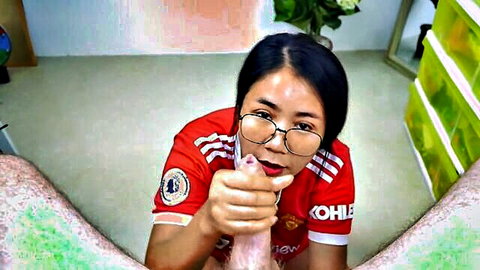 Marlee Kai Asian beauty in Man United jersey gives POV blowjob and big facial
