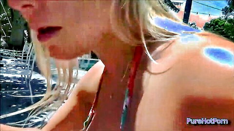 Blonde MILF Vanessa Cage in red bikini by pool, teasing stepmom vibe