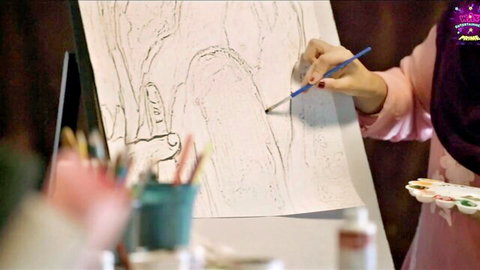 Sexy Indian painter in hijab with big tits and ass creating art