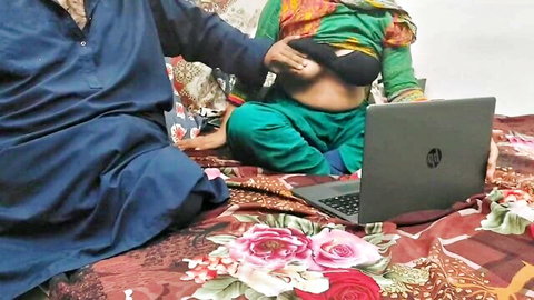 Desi step-sister in green saree caught with laptop, step-brother touching intimately
