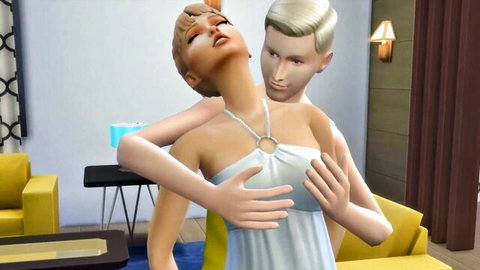 Blonde stepmom in white dress groped from behind by stepson-in-law