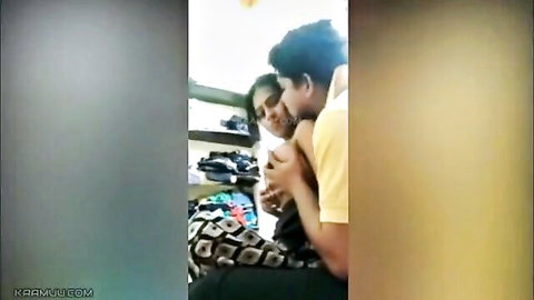 Sexy Indian babe passionately French kisses her South Asian lover in romantic homemade embrace