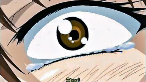 Closeup of teary brown anime girl eye glistening with emotion in sensual hentai style