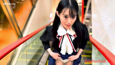 Asian schoolgirl upskirt exposure on public escalator, delicate young beauty