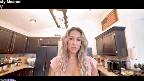 Misty Meaner in low-cut pink top, teasing cleavage in POV kitchen scene