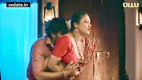 Yorgelis Carrillo in sensual Indian desi embrace, busty brunette with big boobs groped in red saree