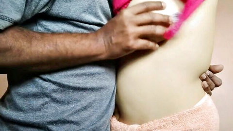 Big-titted Tamil Aunty embraced by lover in pink lingerie