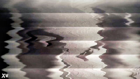 Distorted glitchy wavy abstract image with pink and gray overlapping waves