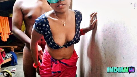 Blindfolded Indian babe in saree blouse gets big tits groped by naked man from behind homemade