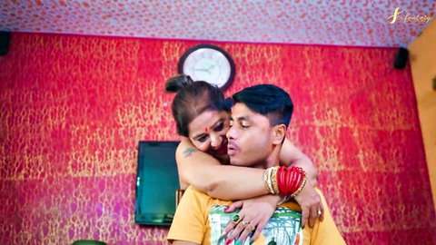 Indian MILF stepmom seductively hugs stepson from behind in taboo embrace
