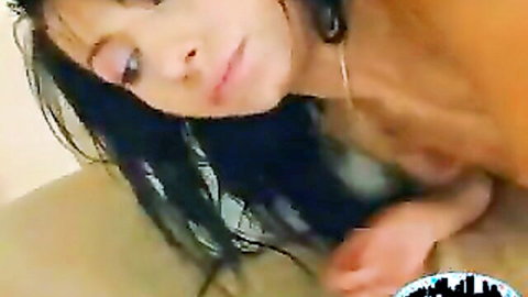 Brunette teen's ecstatic face closeup with wet hair after intense blowjob cumshot