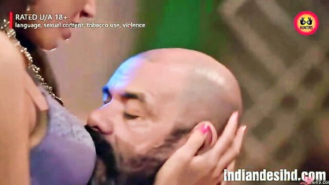 Hot Desi MILF Kuvari Chikhe presses bald man's face to her big bouncing boobs in homemade amateur video