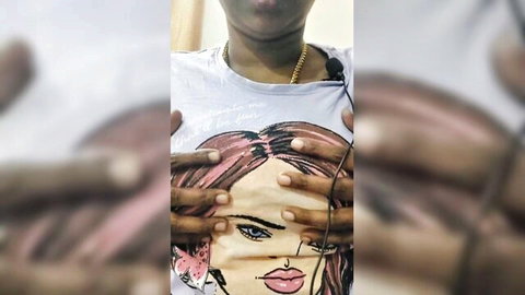 Tamil aunt teasing with hands over eyes in white graphic t-shirt