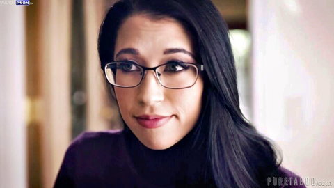 Alex Coal smirks seductively in glasses, purple top, hot POV threesome with Karla Kush