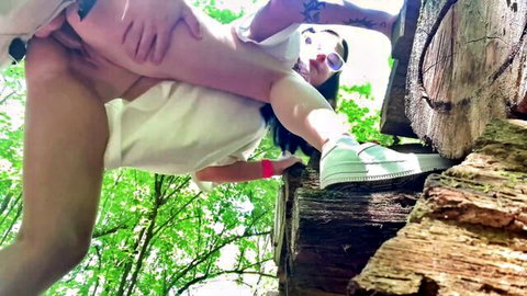 Tattooed Asian babe in glasses gets outdoor fuck from stranger in white dress