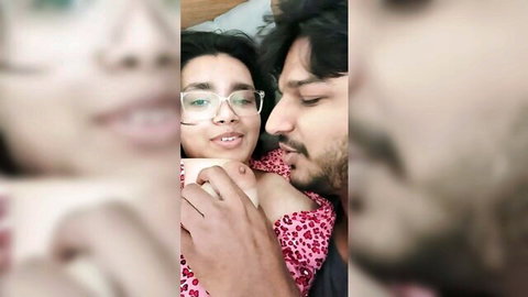 Indian teen Uma A in steamy leopard print lingerie hug with boyfriend