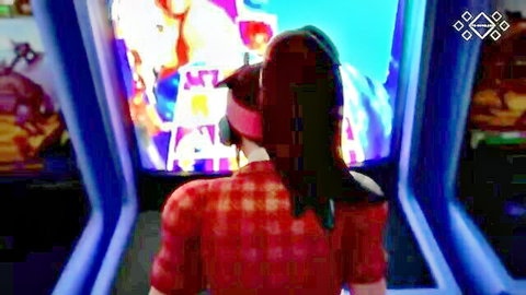 Sexy brunette gamer girl in ponytail plays arcade in 3D hardcore babe video